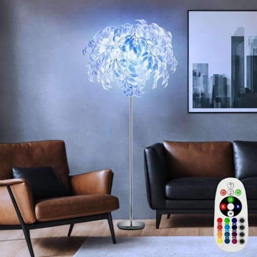 etc-shop Stehleuchte dimmbar mit Fernbedienung Blätter weiß Standleuchte chrom Blätterleuchte stehend, RGB Farbwechsel, Metall,mit Fußschalter, 3x 4,8W 3x 470lm warmweiß, DxH 70 x 180 cm