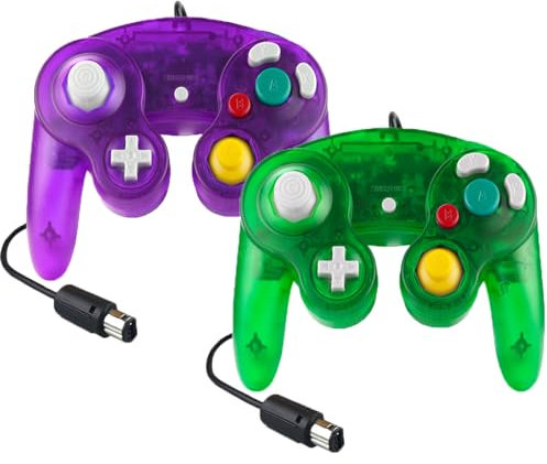 Hovlian 2 Pack NGC Controllers,Classic Wired Controller for Wii Game cube Console(Clear Purple and Green)