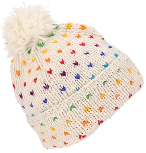 GURU SHOP Beanie Mütze, Bommelmütze aus Nepal, Bunte Wollmütze, Schurwolle - weiß/Regenbogen/Mützen