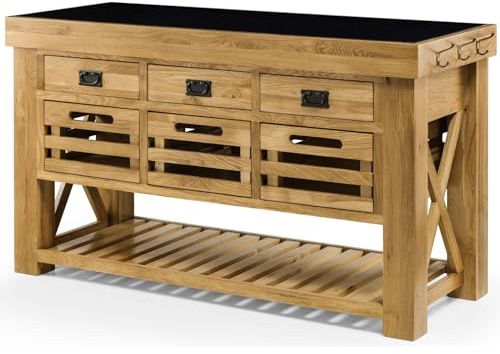 Large Oak Kitchen Island - Storage Sideboard Cabinet for Kitchen - With Granite Top - Fully Assembled - H87 x W152 x D62 cm (Grenoble Oak)