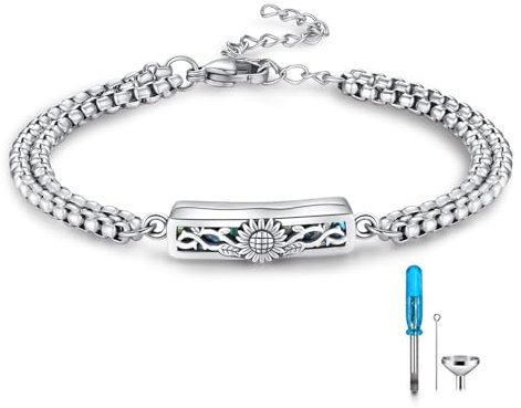 REDSUN Sonnenblume Urnen Armband 925 Sterling Silber Urne Armreifen für Asche Memorial Keepsake Kremation Memorial Urne Armband Feuerbestattung Schmuck für Damen Herren Veinstellbar