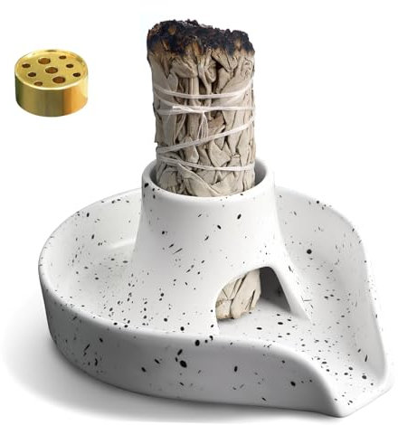 Porte-Encens en Forme de Sauge - Bol en Céramique 3 en 1 Pour Sauge Blanche et Bâton Palo Santo - Facile à Nettoyer - Blanc