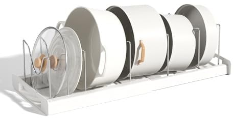 Beruyu Pfannenhalter für Schublade, Erweiterbarer Topfdeckelhalter, Topfdeckel Aufbewahrung mit 7 Verstellbaren Teiler, Pfannen Organizer Deckelhalter für Küche Organizer (Weiß)