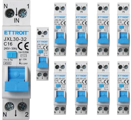 kit 5 pezzi ETTROIT INTERRUTTORE MAGNETOTERMICO DIFFERENZIALE SALVAVITA PER BARRA DIN 1 MODULO 1P+N 16A C16 240V 30mA 4.5KA