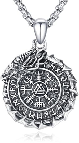REDSUN Wikinger Halskette für Männer 925 Sterling Silber Drachen Anhänger Vegvisir Halskette Nordic Viking Kompass Halskette Wikinger Amulett Schmuck Weihnachten Geschenke für Männer Frauen Jungen