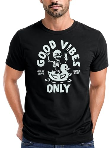 Neverless® Herren T-Shirt Printshirt Spruch Good Vibes Only Skelett-Motiv Sommer Frontprint Fashion Streetstyle Schwarz 4XL
