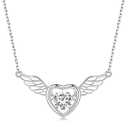 Halskette Damen,925 silver sterling Jewelry Pave Heart and Angel Wings Cubic Zirconia Necklace