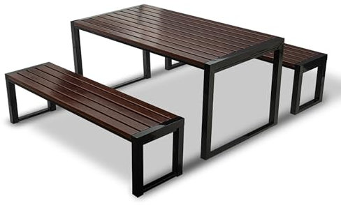 KXJPIZIYB 3-Teilig Essgruppe Esstisch, Außenbank, mit 1 Tisch und 2 Bänken für 6 Personen, für Hinterhof, Terrasse, Garten-Loungemöbel, Natur(1.5m)