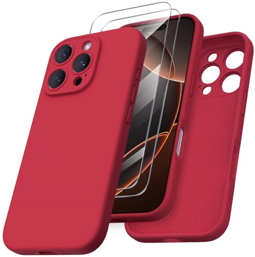 ORNARTO Compatible with iPhone 16 Pro Case 6.3 inch, with 2 x Screen Protector Liquid Silicone Gel Rubber Cover [Full Body] Shockproof Protective iPhone Case for iPhone 16 Pro-Red
