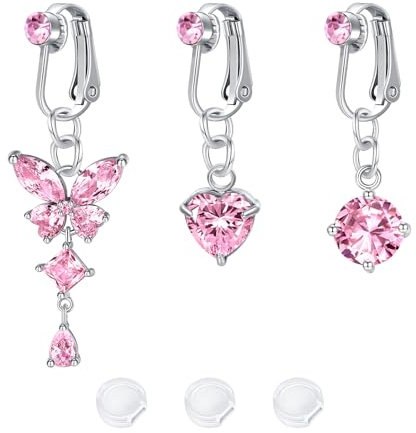 LAURITAMI 3stk Fake Bauchnabelpiercing Faux Bauchpiercing CZ Herz Schmetterling Anhänger Kein Piercing Clip on Bauchnabel