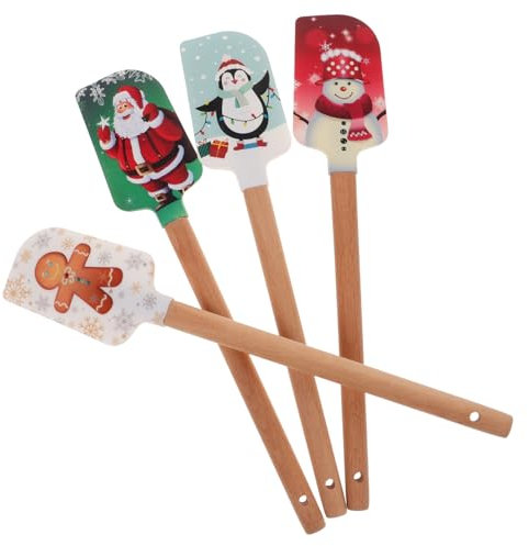 ABOOFAN Christmas Silicone Spatula, 4pcs Kitchen Silicone Spatula Set Snowman Gingerbread Man Santa Claus Pattern Christmas Cake Decorating Spatula with Wood Handle for Baking Utensils