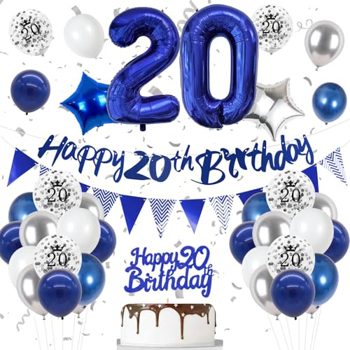20. Geburtstag Deko Nacht Blau, Luftballon Deko 20. Geburtstag Frau Mann, Geburtstagsdeko 20 Jahr, Blau Folienballon 20, Blaus Silber Luftballons 20 Jahr mit Banner Topper für Party Dekoration