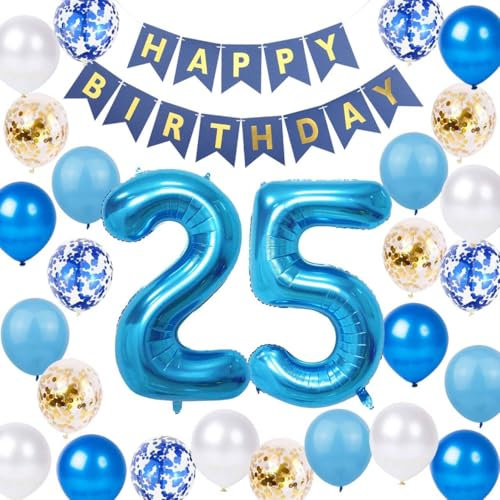 25.Geburtstag Party Dekoration Mann, 25.Geburtstag Ballon Blau Gold, Luftballon 25. Geburtstag Dekorationen, Blau Gold 25 Geburtstag Deko für Männer, Geburtstagsdeko 25 Jahr, 25 Ballon Blau Gold Deko
