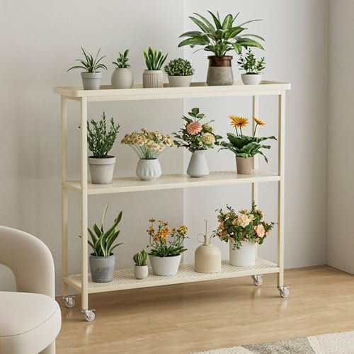 Grand support en métal à roulettes pour pot de fleurs d'intérieur et d'extérieur - Étagère de rangement robuste pour plantes - Beige - 100 cm de hauteur