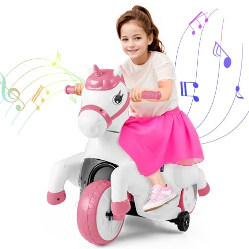 GOPLUS 12V Einhorn Rutschauto, Kinderfahrzeug mit Schaukelfunktion, Kinderauto mit 3 Räder & Stützräder, Elektromotorrad mit Musik & Batterieanzeige, Schaukelpferd für Kinder ab 3 Jahren (Rosa)