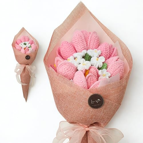 TAPHOA Bouquet di fiori artificiali fatti a mano all'uncinetto con biglietto, 7 pezzi, decorazione floreale per festa della mamma, San Valentino, matrimoni e casa