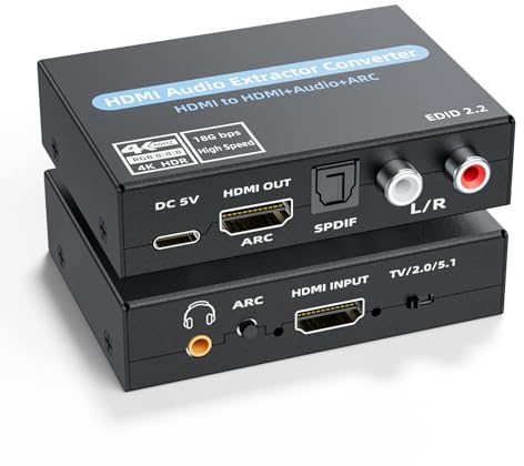 LUKFOCAB Convertisseur d'extraction audio HDMI, adaptateur audio 4K @ 60 Hz avec SPDIF optique + stéréo 3,5 mm + adaptateur audio analogique RCA L/R, convertisseur HDMI ARC prend en charge 5.1 HDCP