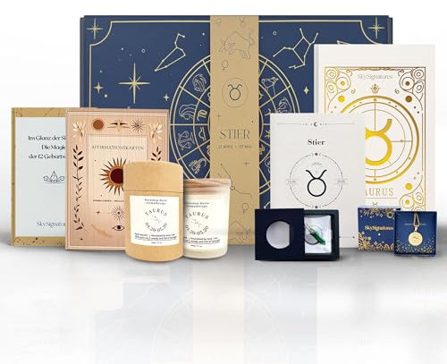 Galaxieregister Stier Sternzeichen Geschenkset– Luxuriöse Astrologie-Box mit Duftkerze, Journal, Geburtsstein-Anhänger, Affirmationskarten & Sternzeichen-Kette - Mediation, Geschenk für Frauen