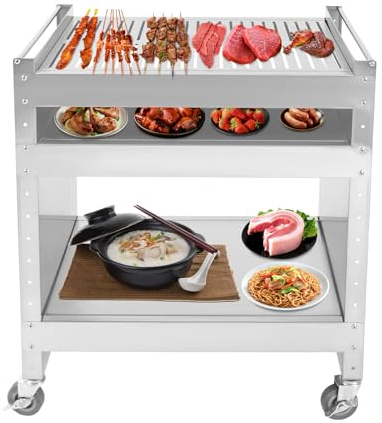 KLOOLIVE Edelstahl Grillwagen, Grilltisch mit 4 Universal Rollen, 3 Ebenen Grill Beistelltisch, Multifunktionaler Outdoor Grill für Trolley Familientreffen, Gartengrillabenden und Grillabenden