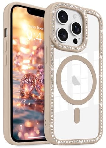 LCHULLE Magnetic Case for iPhone 13 Pro,[Compatible with MagSafe] Clear Cute Glitter Bling Diamond Phone Case,Women Girls Sparkly Camera Lens Protector Cover for iPhone 13 Pro 6.1,Coffee