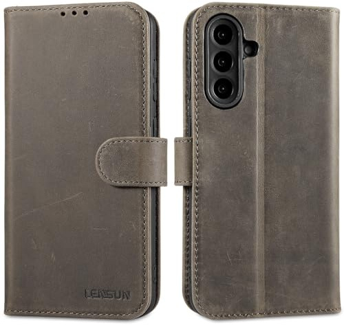 LENSUN Lederhülle für Samsung Galaxy A56, Echtleder Hülle [Echtes Leder][RFID-Schutz Kartenfach][Brieftasche] Handyhülle Handytasche - Graubraun