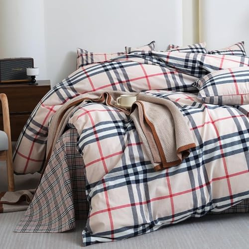 Nesture Bettwäsche 200x200 Baumwolle 3teilig, Kariert Beige | 100% Baumwolle, gewaschene Leinenoptik, 1x Bettbezug 200x200 + 2x Kissenbezug 80x80cm, Bettwäsche-Sets, Weich & atmungsaktiv