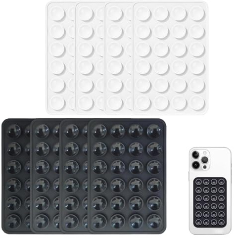 AEUXZA 8 Pezzi Supporto per Telefono con Ventosa in Silicone (4 Nero + 4 Bianco), Tappetino Adesivo con 24 Ventose, Antiscivolo per Specchi, Finestre, Registrazioni Video, Sticky Mount per Cover