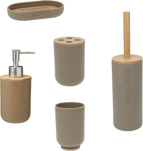 Envenzo 5 Piece Bathroom Accessories Set with Soap Dispenser, Toothbrush Holder, Tumbler, Soap Dish and Toilet Brush Holder, Taupe