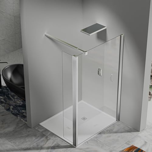 Paroi de Douche 50×200 cm avec Volet Pivotant 30×200 cm - Barre réglable de 73 cm jusqu’à 120 cm - Finition Aluminium Chromé Brossé