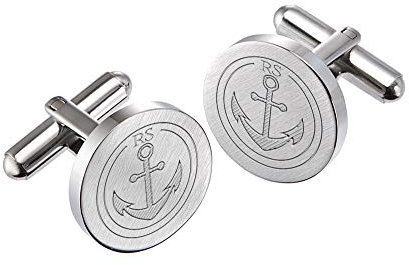 Gravado runde Manschettenknöpfe aus mattem Edelstahl mit Anker Gravur, Personalisiert mit Initialen, inkl. Geschenkbox, Herren Schmuck