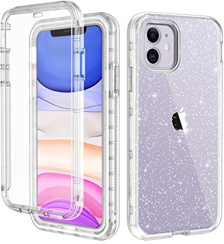 LONTECT for iPhone 11 Case Built-in Screen Protector Glitter Clear Sparkly Bling Rugged Shockproof Hybrid Full Body Protective Case Cover for Apple iPhone 11 6.1 2019, Clear/Silver Glitter