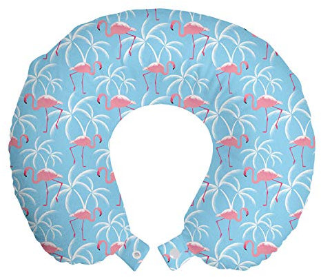 ABAKUHAUS Vogel-Druck Reisekissen Nackenstütze, Flamingo mit Long Legs, Schaumstoff Reiseartikel für Flugzeug und Auto, 30x30 cm, Sky Blue Rosa