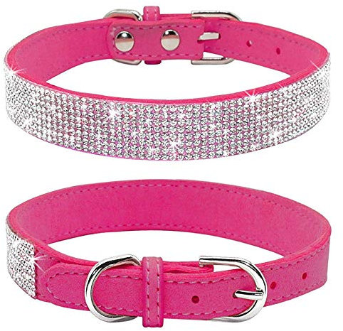 haoyueer Collier pour chien avec strass, en cuir synthétique doux, taille M, rose vif