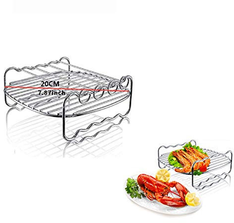 Friteuse à air double couche, accessoires de friteuse à air comprimé multifonction avec 4 brochettes, poêle en acier inoxydable compatible avec friteuse à air comprimé Go Wise/Phillips (φ20 cm, rond)