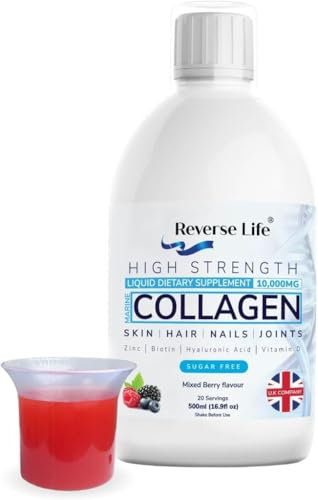 Reverse Life - High Strength Marine Collagen for Skin, Hair, Nails and Joints - 10,000mg Hydrolysed Peptide, Supplement Drink with Hyaluronic Acid, VIT C, Vitamin D and Biotin - Mixed Berry Flavour