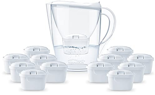 Aqualogis Water Filter Light Grey with Filter Cartridge - Modern Design Filter to Reduce Limescale, Chlorine & Taste-Impairing Substances (White, 12 Pure+)