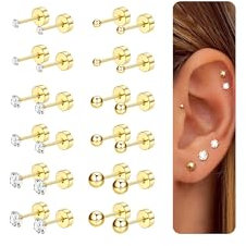 CASSIECA 12 Paires Boucles D'oreilles pour Femmes Hommes En Acier Inoxydable Minuscule Oreille Stud Piercing Petit CZ Boule Ronde Vis Plat Dos Cartilage Boucles D'oreilles Ensemble 2-8MM