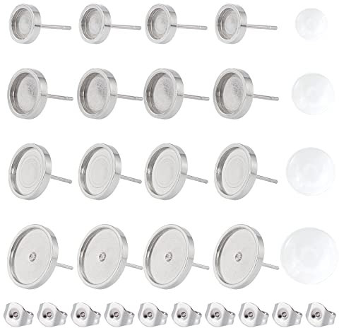 UNICRAFTALE Ca. 56 Sets 6/8/10/12mm Ohrring Lünette Mit Cabochons Edelstahl Ohrstecker Rohlinge Cabochon Rohlinge Für Die Schmuckherstellung, Edelstahl Farbe