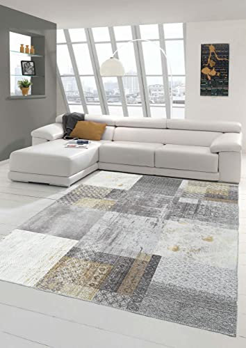 Teppich-Traum Moderner Elegance Teppich mit orientalisch gemusterten Quadraten in grau Gold Größe 140x200 cm