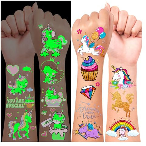 Acevegue Tatouage Licorne Lumineux pour Enfant - 47 Pièces Éphémères, Décorations de Fête, Jouets, Cadeau Anniversaire, Pochette Surprise