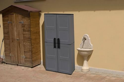 Dmora - Armoire extérieure Geel, porte-balais polyvalent, 2 portes, 100% Made in Italy, finition tableaux, 68x37h163 cm, gris et noir