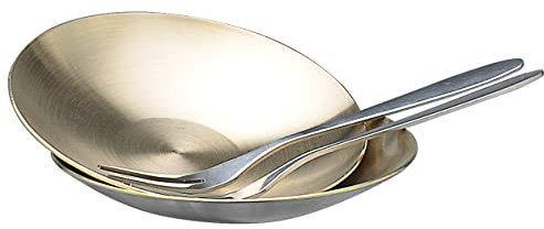 SANQIAHOME Petites assiettes plates en acier inoxydable,Assiette avec fourchette,Ensemble de 2 pièces,Or,Φ9,8cm