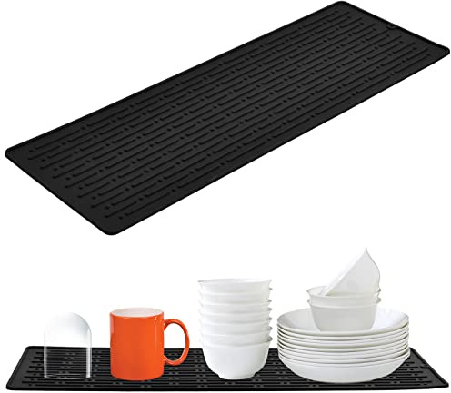 40.5x14.5cm Tappetino Scolapiatti Stuoia Tappetino Scolapiatti Silicone Antiscivolo Tappetino Lavello Tappetini per Posate in Silicone Resistente al Calore per Tavolo, Stoviglie, Bottiglie , Ner