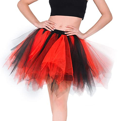 Homipooty Tüllrock Damen Schwarz Rot Tüllrock Tütü for Damen Petticoat Unterrock Kurz Ballett Tütü Rock Rockabilly Karneval Cosplay Halloween Kostüm