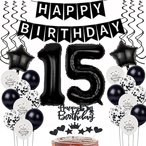 Schwarz Weiß Luftballons 15. Geburtstag Dekoration,Geburtstagsdeko 15 Jahre Junge Mädchen Tortendeko 15 Geburtstag junge Ballons 15. Junge Happy Birthday 15 Jahre Junge deko