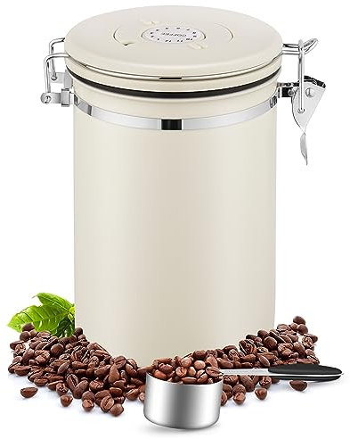 BEZORR 1800ML Airtight Coffee Canister, Stainless Steel Airtight Coffee with Date Tracker, CO2 Valve and Measure Spoon, Canister Kitchen Cereal Storage Jar for Beans/Tea/Sugar/Cereal