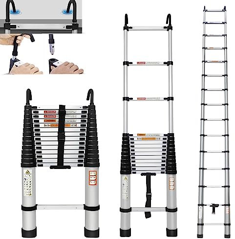 Qimu Telescoping Ladder, Aluminum Folding Ladder with 2 Detachable Hooks, Lightweight Portable Extension EN131 Sturdy Non-Slip Feet, Attic for Home 330lbs Max Capacity 14.4FT 4.4M, Black