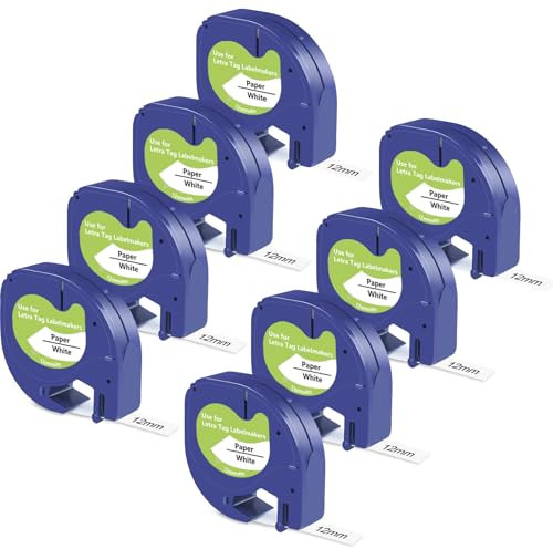UNOKA Kompatibel für Dymo Etikettenband Papier Weiß Nachfüllen für DYMO Letratag LT 100H 100T XR 200B, Schwarz auf Weiß 12mm X 4m Selbstklebendes Schriftband, 91220 91200 S0720510