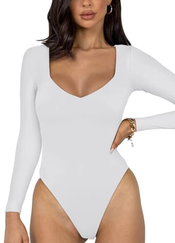 REORIA Women's Sexy Basic V Neck Long Sleeve Body Suits Double Lined Seamless Slimming Fall Trendy Going Out Thong Bodysuit tops Plus Size White 2X-Large