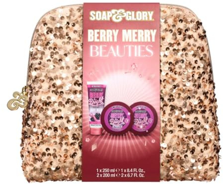Soap & Glory Berry & Bright Trousse de toilette – Coffret cadeau pour Noël 2023 – Gel douche Berry & Bright, beurre corporel, masque en tissu brillant et trousse de toilette pailletée